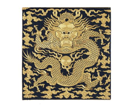 AN EXTREMELY RARE EMBROIDERED SILK BLUE-GROUND 'DRAGON' RANK BADGEKangxiFinely embroidered in rich couched-gold thread with a