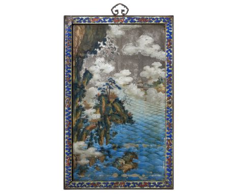 A RARE REVERSE GLASS 'LANDSCAPE' MIRROR PAINTING18th centuryThe rectangular mirror painting finely decorated with a colourful