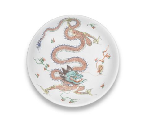 A RARE AND LARGE FAMILLE VERTE AND GILT 'DRAGON' SAUCER-DISHKangxi six-character mark and of the periodWell potted, boldly an