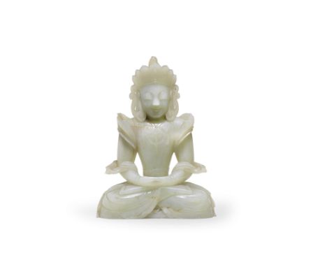 A RARE IMPERIAL PALE GREEN JADE FIGURE OF AMITAYUS17th/18th centuryThe deity finely cast seated in vajrasana, the face with s