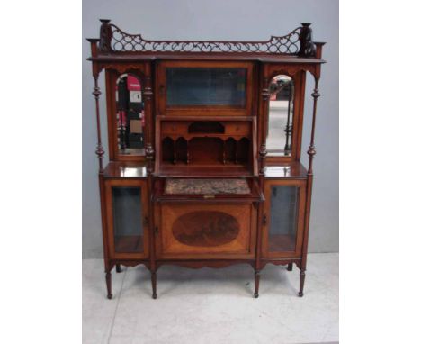 An Edwardian inlaid mahogany combination display cabinet and writing bureau, reverse breakfront, upper shelf with scrolling f