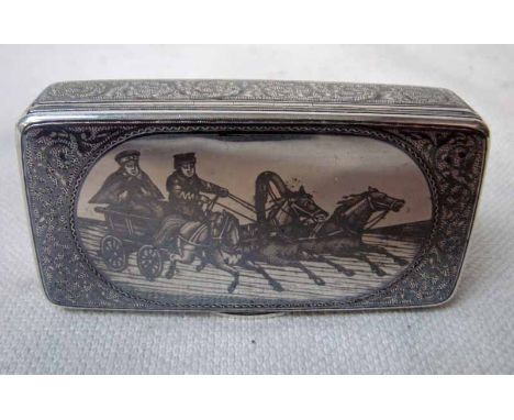 A continental 19th century white metal snuff box of rectangular form, Nielo decorated to all outer surfaces with oval framed 