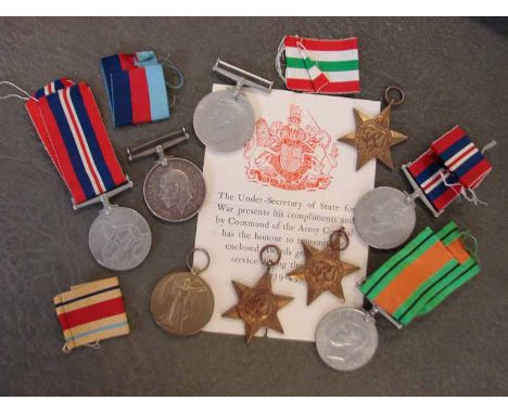 World War I, a pair of medals 3760 Pt & J Mahoney E Lan R World War II, two pairs  service and defences, 1939-1945 star, Ital