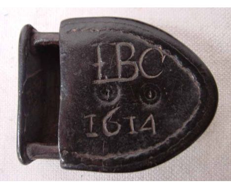 An antique stitched leather snuff box of lancet form with removable 'drawer', imprinted to top JBC 1614, 7cm long