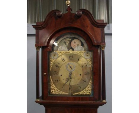 Feather of Keighley, a 19th century mahogany longcase clock, brass arch top dial with painted rolling moonplace calendar to a