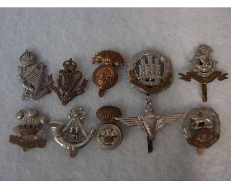 Ten British Army Cap Badges including late war - early 50s chrome Parachute Regiment beret badge, WW2 KSLI, WW1 Connaught Ran