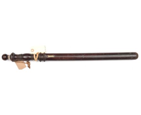 A Patterson, New Jersey, USA, patrolman's darkwood day stick (truncheon) c 1905, with nicely turned, knopped, swollen grip, p