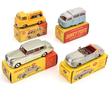 4 Dinky Toys. Bentley Coupe (194) in light grey with maroon interior. Rolls Royce Phantom V (198) in light metallic green and