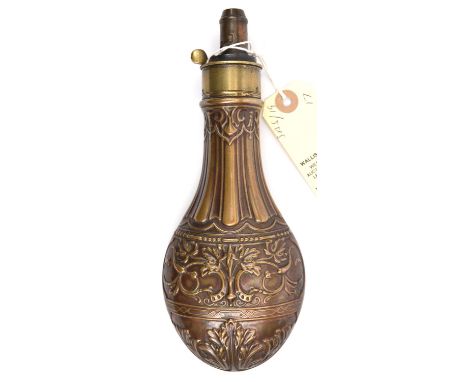 An embossed copper gun size powder flask 'fluted', (Riling figure 253), by Hawksley, the charger graduated from 2¼ to 3 drams