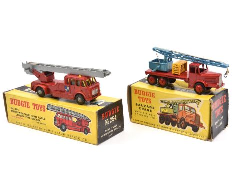 2 Budgie Toys. Thornycroft Salvage Crane (214) in red, with blue crane and yellow crane engine. Together with an AEC Turntabl