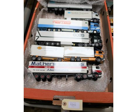 5 modern Dutch produced Tekno Trucks. Scania 113M forward control box van with box van draw-bar trailer, in yellow, blue &amp