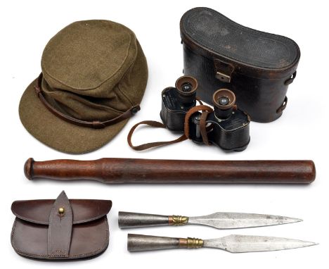 A khaki "Cap, Peaked, Winter" d 1956; a small brown leather waist pouch; a WWI binocular, with broad arrow mark, d 1917, in c