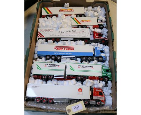 5 modern Dutch produced Tekno Trucks. 2x Volvo FH forward control tractor units. One in red &amp; white livery of Hanstholm, 