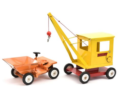 2 rare and seldom seen Sutcliffe tinplate  building site toys. A Junior Crane in bright yellow on a red chassis, 'SUTCLIFFE' 