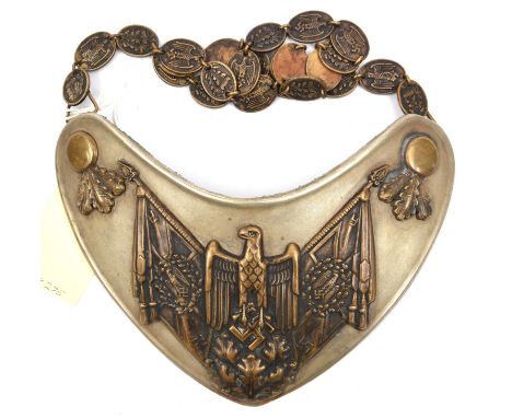 A Third Reich Army Standard Bearers gorget,  of WM with deeply embossed brass overlay, with its hanging chain composed of ova