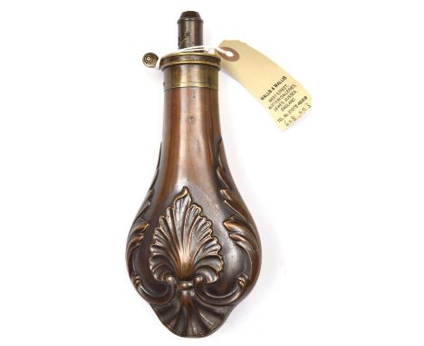 A copper powder flask "Shell" (Riling 369 without rings), patent brass top marked "G &amp; J W Hawksley, Sheffield", graduate