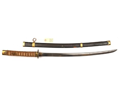 A Japanese sword, katana,  blade 24", the hilt with plain brass fuchi and kashira, the menuki in the form of raw copper nugge