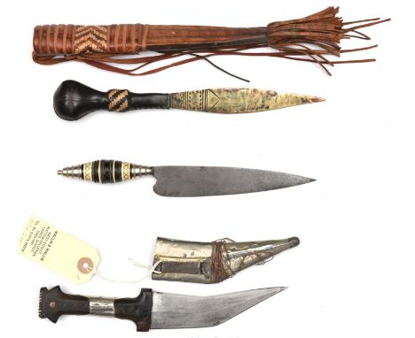 A small Syrian jambiya,  blade 4½", with WM mounted horn hilt, in its WM sheath; a Mediterranean knife, blade 5½", the hilt o