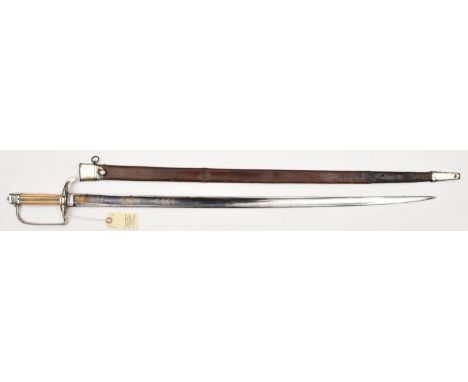 A late 18th century infantry officer's silver hilted spadroon, very slightly curved, fullered blade 31½", double edged at tip