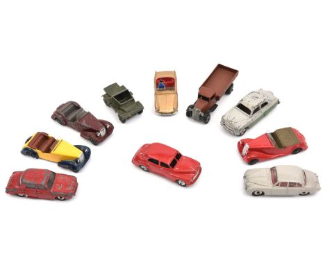 10 Dinky Toys for restoration. Morris Oxford, Vauxhall Cresta, Jaguar 3.4, Renault Dauphine Mini Cab, Armstrong Siddeley, 2x 