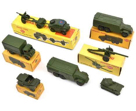 7 Dinky Military. Army Covered Wagon (623). Armoured Command Vehicle (677), Scout Car (673), 5.5 Medium Gun (692). 25-Pounder