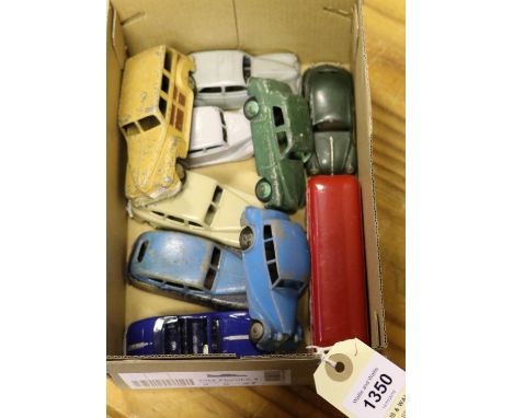 10 Dinky Toys, most for restoration. Austin Atlantic, 2x Standard Vanguard, Riley, Leyland Royal Tiger, Volkswagen, Triumph, 