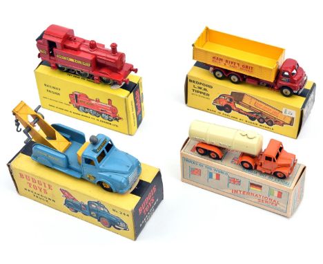 3 Budgie Toys. Towing Tender Breakdown Truck (244) in light blue and yellow livery. Bedford L.W.B. Tipper (276) in red and ye