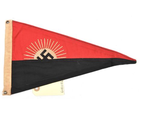 A Third Reich Hitler Youth triangular car pennant,  12" x 7", on one side the HJ symbol, the other side halved in red and bla