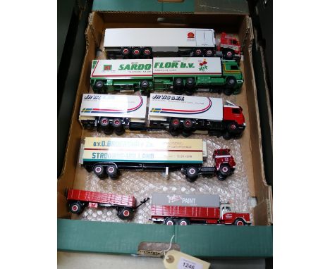 5 modern Dutch produced Tekno Trucks. Volvo FH12 forward control tractor unit, with Reefer box van semi-trailer. In red &amp;