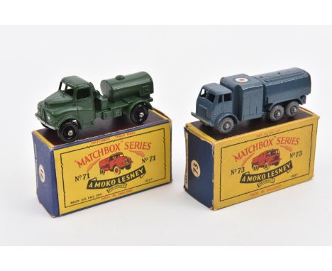 2x Matchbox Series military vehicles. An Army Water Truck (71a) in dark green with black plastic wheels (with collectors' bad