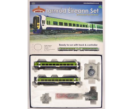 A Bachmann Irish Railways OO Train Set. A seldom seen Iarnrod Eireann set (30-051) comprising a 2 car DMU in lime green, blue