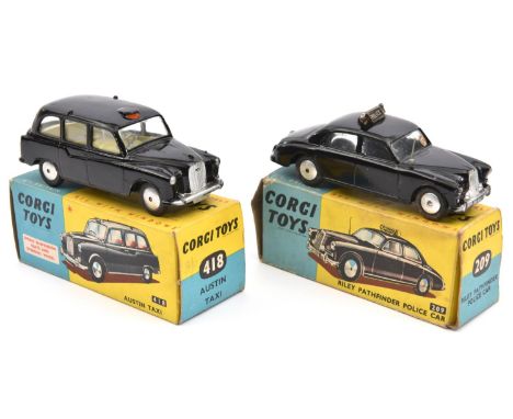 2x Corgi Toys. An Austin Taxi (418). Together with a Riley Pathfinder Police Car (209). Both boxed, some wear/damage to Riley