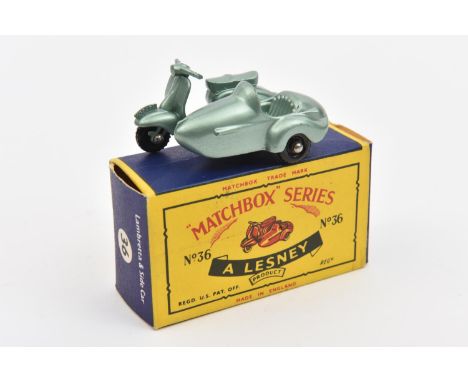 A Matchbox Series Lambretta &amp; Side Car (36b). In metallic green with black plastic wheels. Boxed, minor wear. Vehicle Min