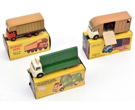 3 Budgie Toys. Leyland Hippo Cattle Transporter (220) in red with light brown body. Bedford TK Horse Box (294) in off-white w