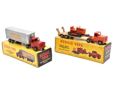 2 Budgie Toys articulated trucks. An International Refrigeration Truck (202) in red with silver trailer, 'Coast-To-Coast refr