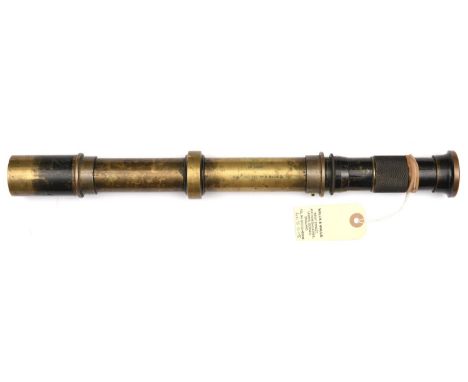 A WWI sighting telescope of black lacquered brass, marked with broad arrow, Vickers Ltd, 1915, No 3889 and Sighting Telescope