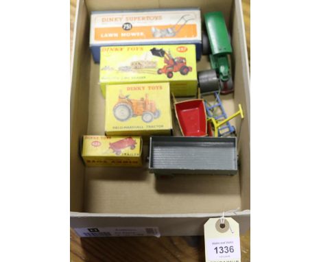 10 Dinky Toys. Muir-Hill 2/WL Loader (437). Field-Marshall Tractor (301). Small Trailer (429). Lawn Mower (751). All boxed, m