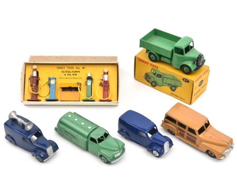 6 Dinky Toys. Bedford Truck (411), in mid-green with mid-green wheels and black rubber tyres. Petrol Pumps and Oil Bin (49). 