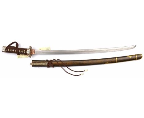A 19th century Japanese wakizashi blade,  25½", with unsigned tang and single mekugi ana, mounted in modern hilt and scabbard
