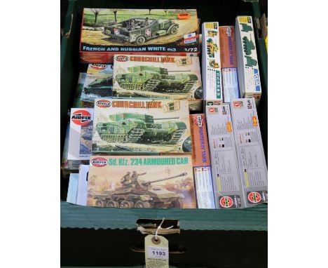 22 unmade Military Vehicle and aircraft 1:72,1:76 scale kits. By ESCI, J.B. K.P. Jayimi, Airfix and Hasegawa etc. 2x Scorpion