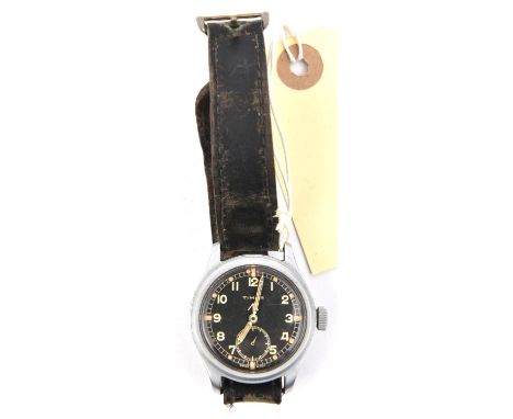 A late WWII Timor WWW military issue wristwatch,  numbered K11763/41663, black dial with subsidiary seconds dial and marked "