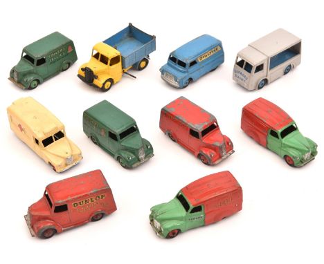 10 Dinky Toys, most for restoration. 4x Trojan vans- 2x Dunlop and 2x Chivers. Bedford CA Van, Ovaltine. 2x Austin Van, Shell