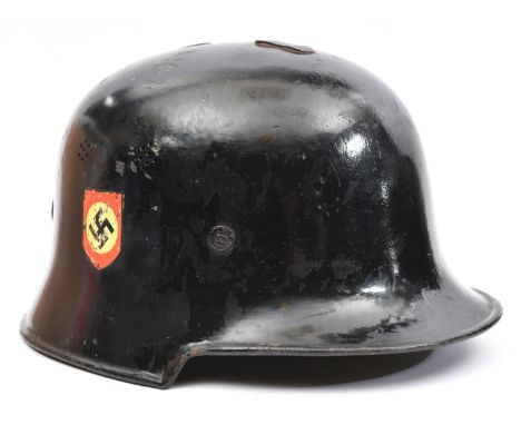 A Third Reich Fire Police double decal steel helmet, smooth black painted skull with the aluminium comb removed, with party a