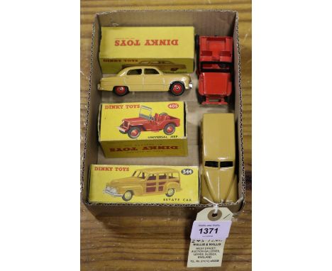 3 Dinky Toys American Cars. Ford Fordor Sedan (170) in tan with red wheels. Plus a Plymouth Estate Car (344) in tan with dark