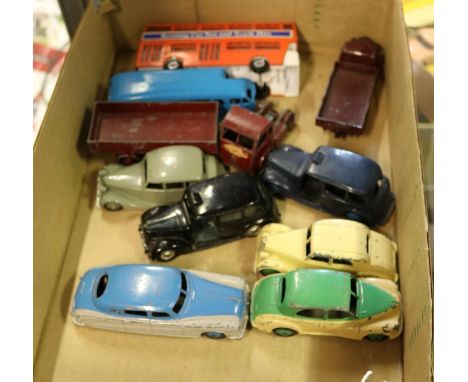 10 Dinky Toys. Morris Oxford, Hudson Commodore, 2x Austin Taxi, Triumph, Riley, Austin lorry, Half Cab Bus, Hindle Smart Hele