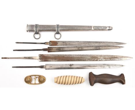 Third Reich dagger parts: blade for 1st pattern Luftwaffe, unmarked; blade for arm, by A.W.Jr, Solingen, and 2 un-marked Army
