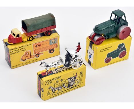 3 Budgie Toys. Aveling Barford Road Roller (701). In dark green with red/silver metal wheels. Hansom Cab (100). Plus a Scamme