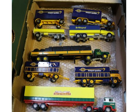 5 modern Dutch produced Tekno Trucks. 2 Scania Vabis normal control trucks with tilts, each with a drawbar trailer. One in th