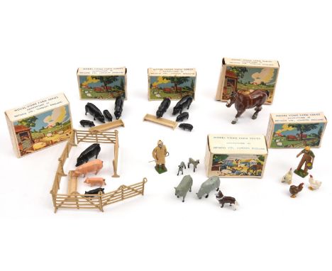 6x Britains Model Home Farm sets. No.5001; Shire Horse. No.5011; Pigs, piglets, trough and hurdles. No.5018; Shepherd, sheep,