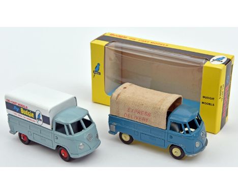 2 Budgie Toys Volkswagen Pick-Up Trucks. An example in mid blue with canvas rear load cover with 'Express Delivery' to sides.